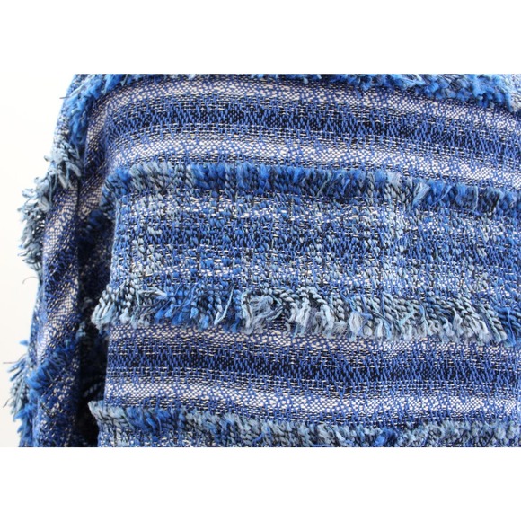 NWT J McLaughlin Linden Blue Striped Tweed Fringe Bell Sleeve Jacket Size L - Picture 9 of 10